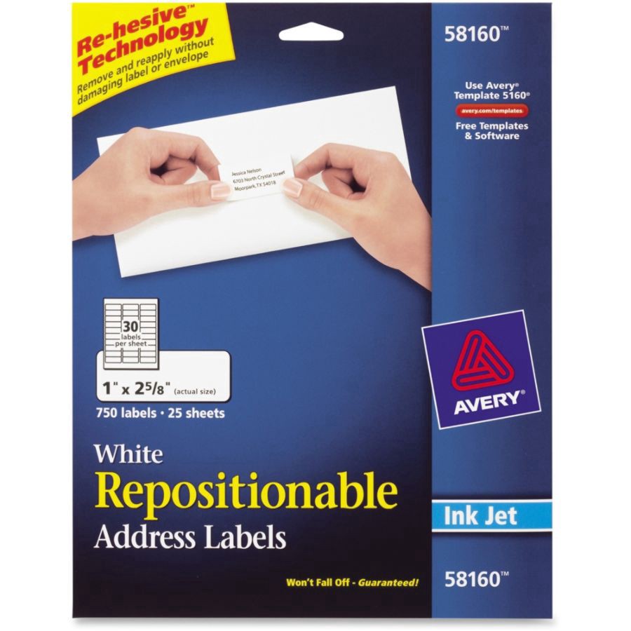 slide 3 of 9, Avery Inkjet Repositionable Address Labels, 58160, White, 750 ct; 1 in x 2 5/8 in