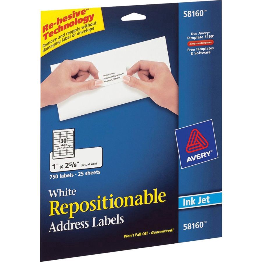 slide 4 of 9, Avery Inkjet Repositionable Address Labels, 58160, White, 750 ct; 1 in x 2 5/8 in