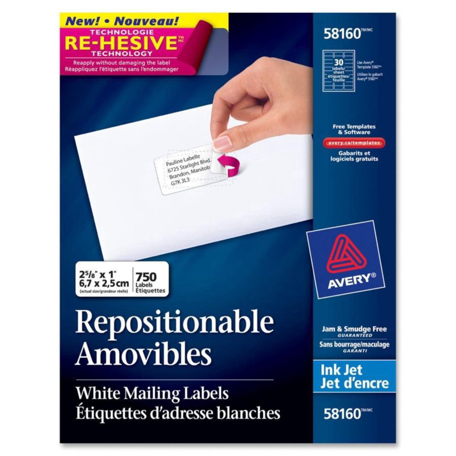 slide 6 of 9, Avery Inkjet Repositionable Address Labels, 58160, White, 750 ct; 1 in x 2 5/8 in