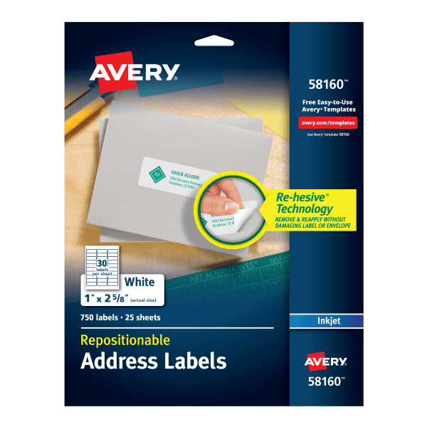 slide 1 of 9, Avery Inkjet Repositionable Address Labels, 58160, White, 750 ct; 1 in x 2 5/8 in