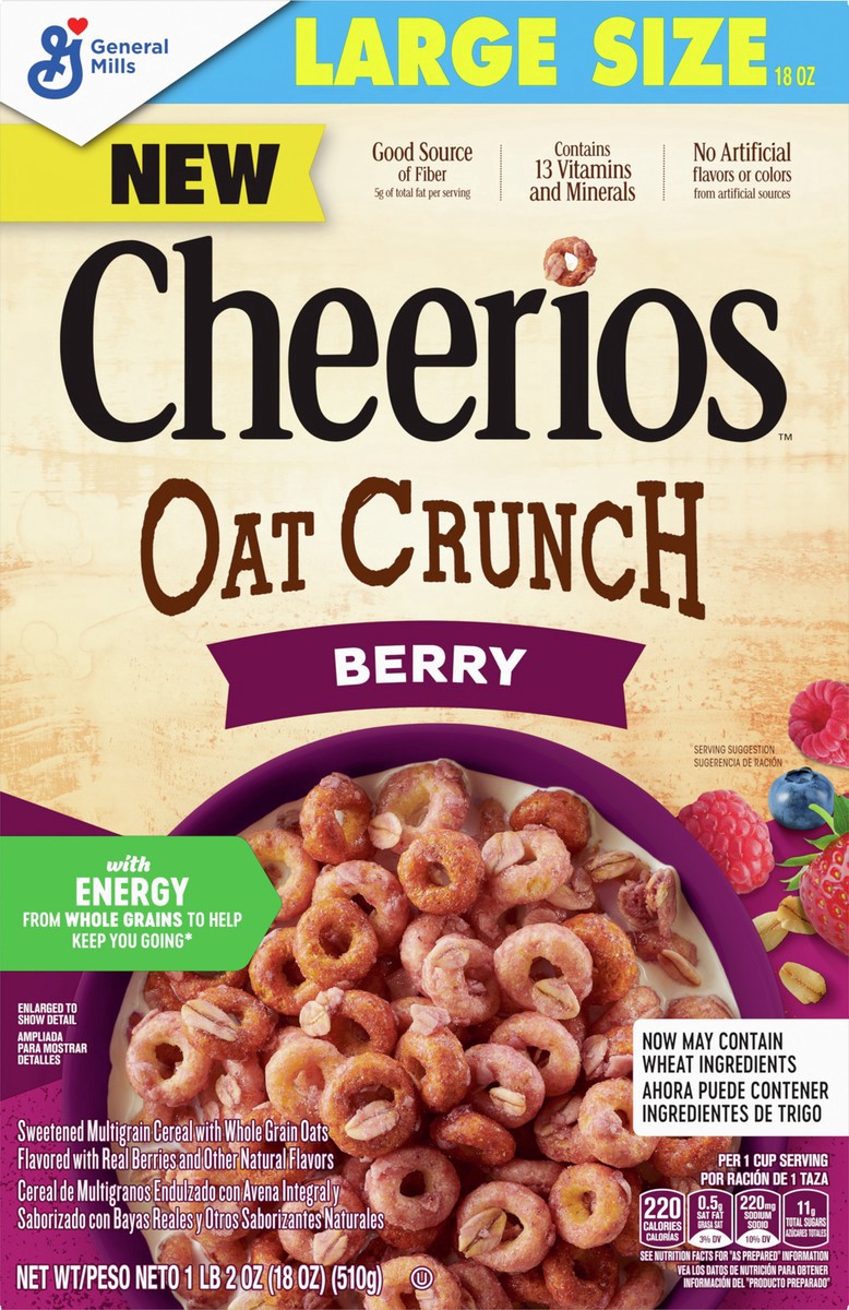 slide 6 of 8, Cheerios Oat Crunch Berry Oat Breakfast Cereal, Large Size, 18 oz, 18 oz