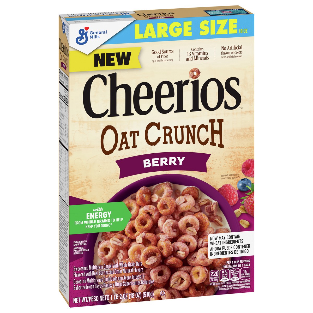 slide 4 of 8, Cheerios Oat Crunch Berry Oat Breakfast Cereal, Large Size, 18 oz, 18 oz