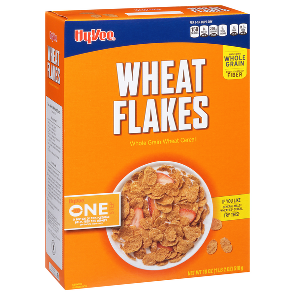 slide 1 of 1, Hy-vee Wheat Flakes Whole Grain Wheat Cereal, 18 oz