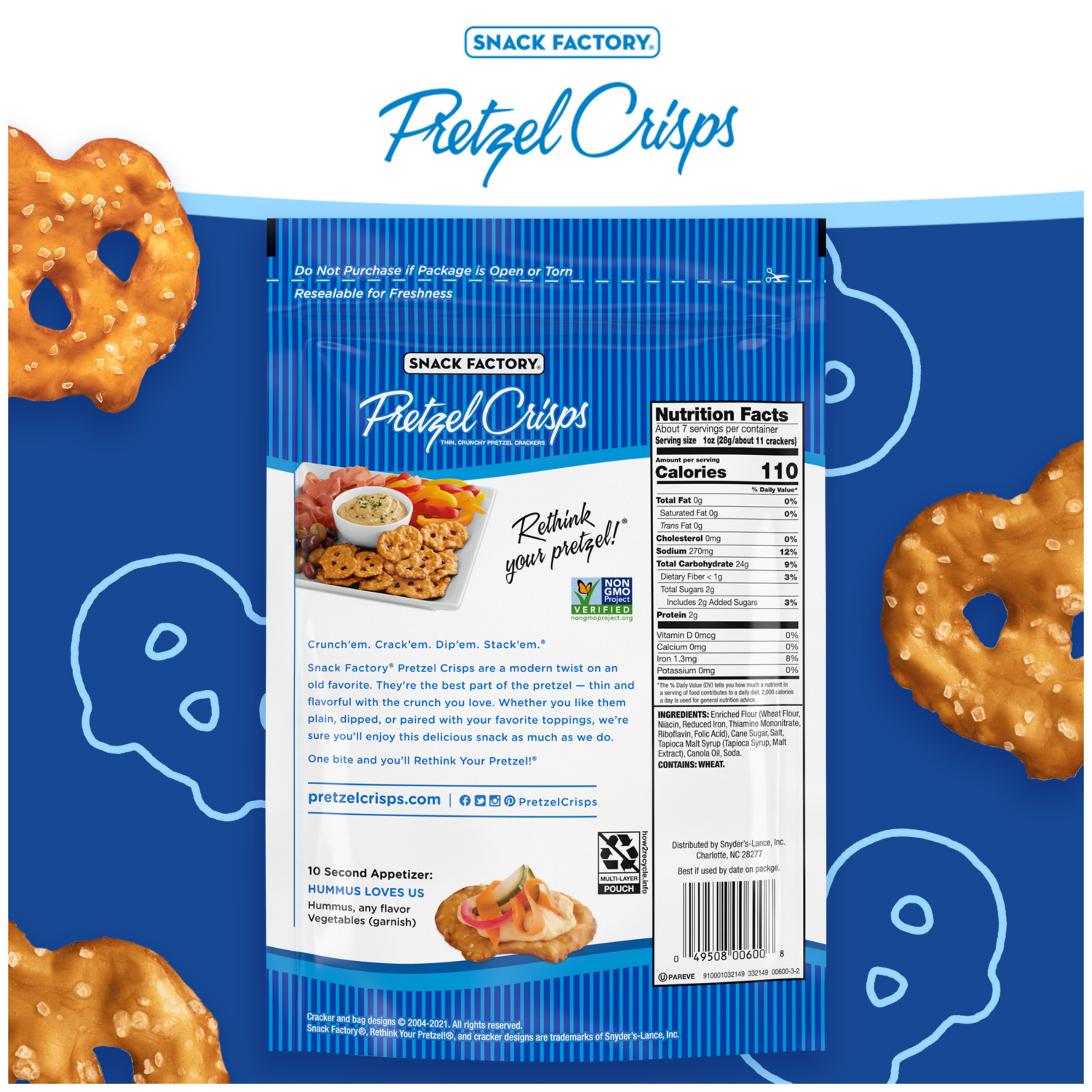 slide 4 of 7, Snack Factory Original Pretzel Crisps, Non-GMO, 7.2 oz Resealable Bag, 7.200 oz