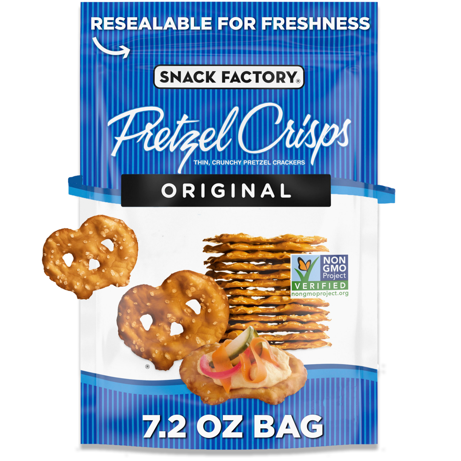 slide 1 of 7, Snack Factory Original Pretzel Crisps, Non-GMO, 7.2 oz Resealable Bag, 7.200 oz
