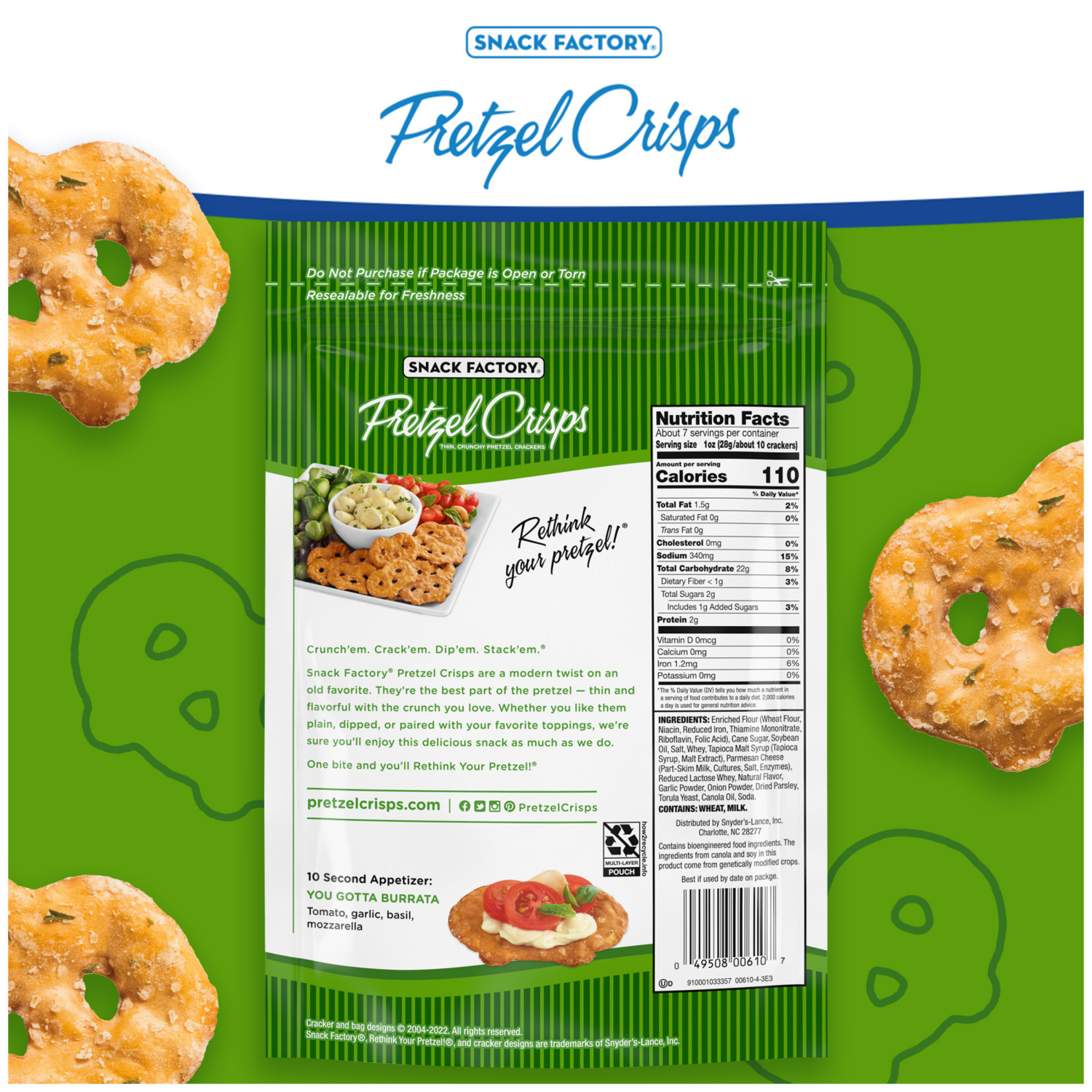 slide 2 of 7, Snack Factory Garlic Parmesan Pretzel Crisps, 7.2 OZ Resealable Bag, 7.200 oz