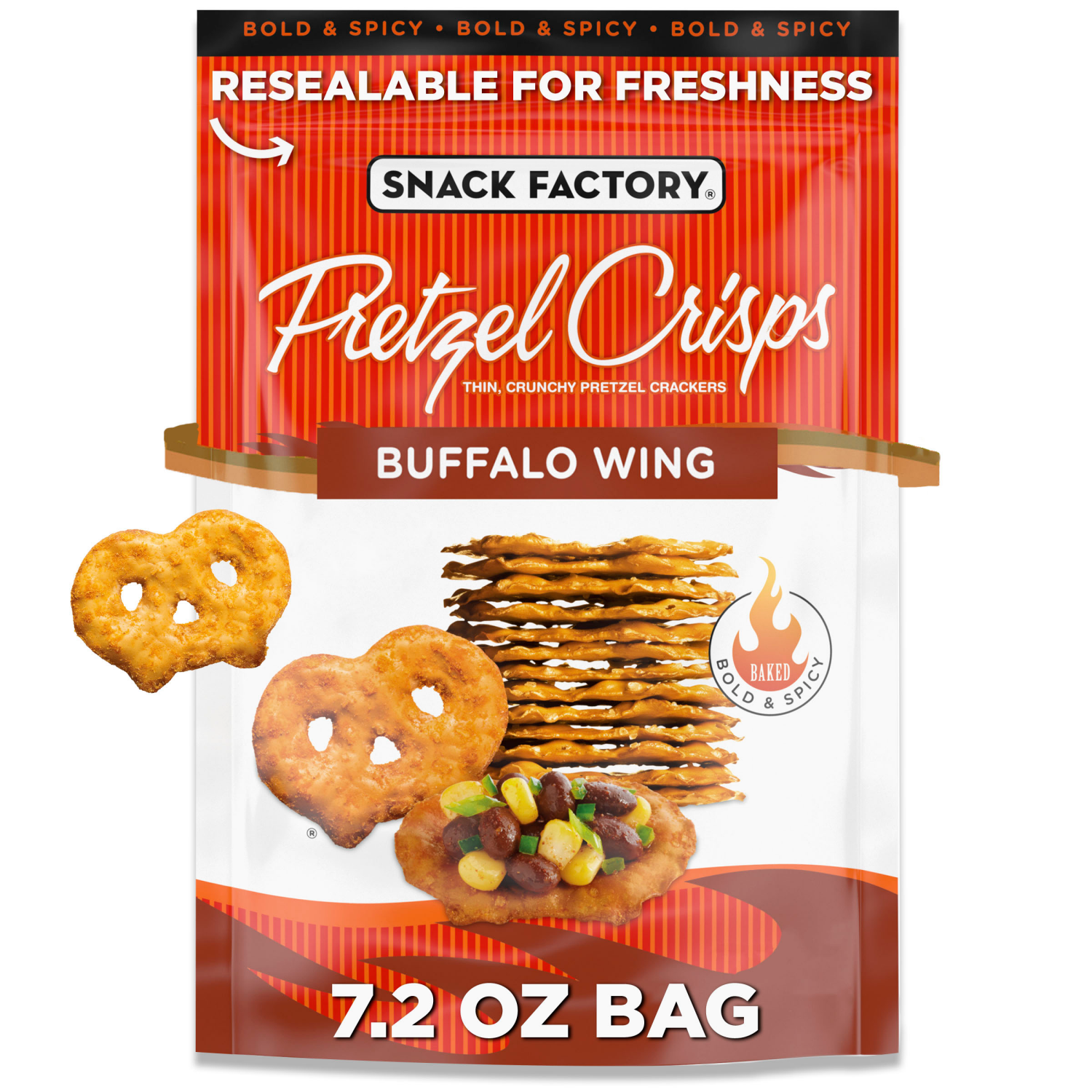 slide 1 of 7, Snack Factory Buffalo Wing Pretzel Crisps, 7.200 oz