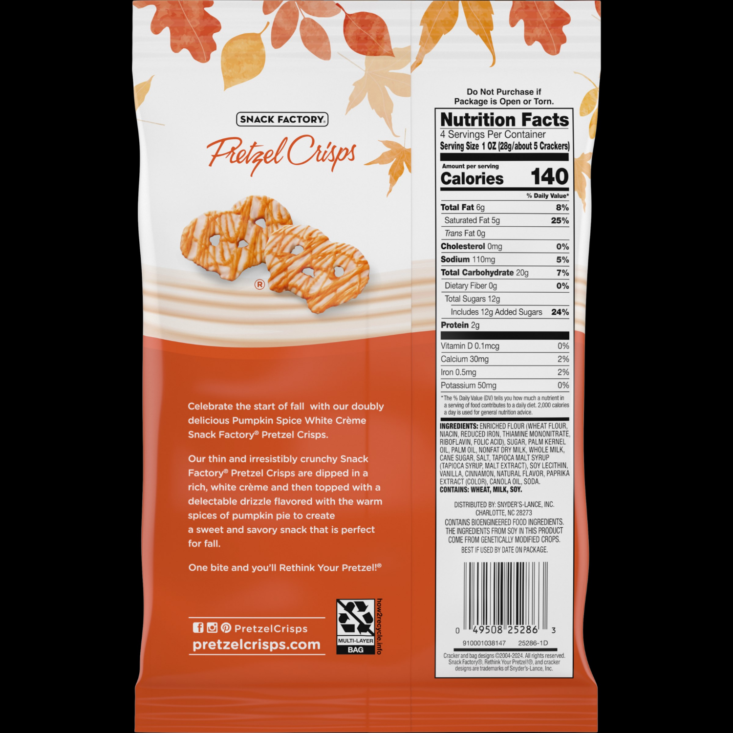 slide 2 of 2, Snack Factory Pretzel Crisps Pumpkin Spice White Crème, 4 oz