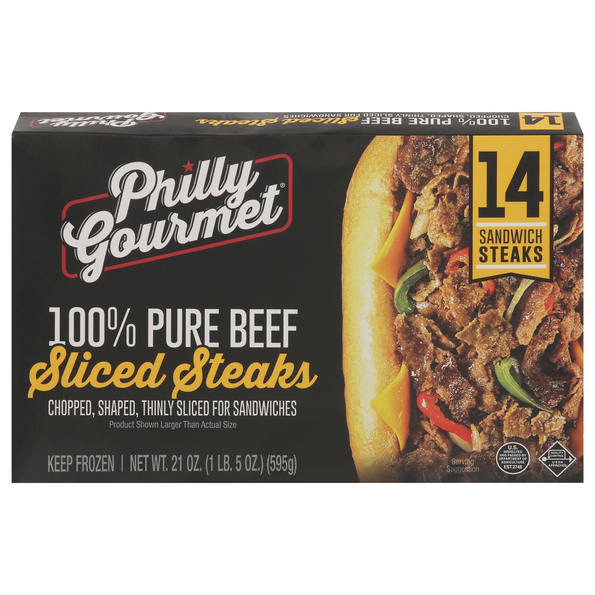 slide 3 of 14, Philly Gourmet Chopped Shaped Thinly Sliced 100% Pure Beef Sliced Steaks 14 ea, 14 ct