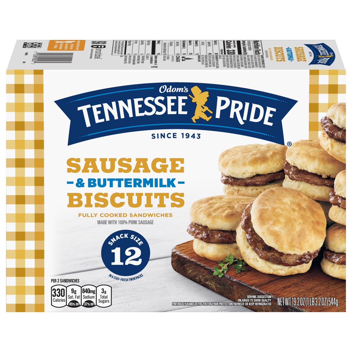 slide 1 of 7, Odom's Tennessee Pride Sausage & Buttermilk Biscuits, Snack Size Frozen Breakfast Sandwiches, 12 Count, 12 ct