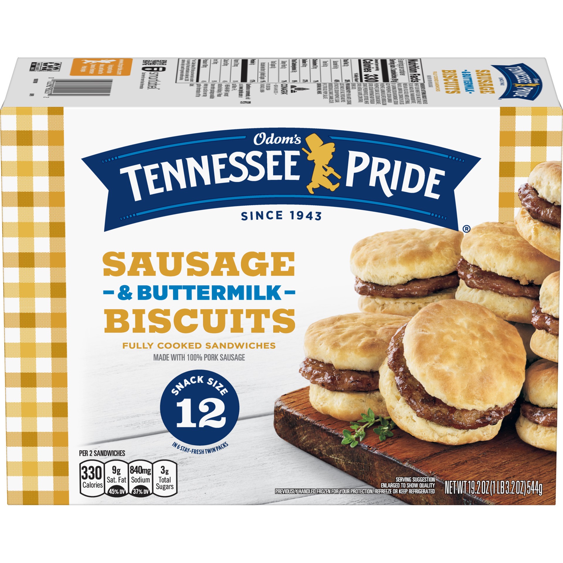 slide 1 of 7, Odom's Tennessee Pride Sausage & Buttermilk Biscuits, Snack Size Frozen Breakfast Sandwiches, 12 Count, 12 ct