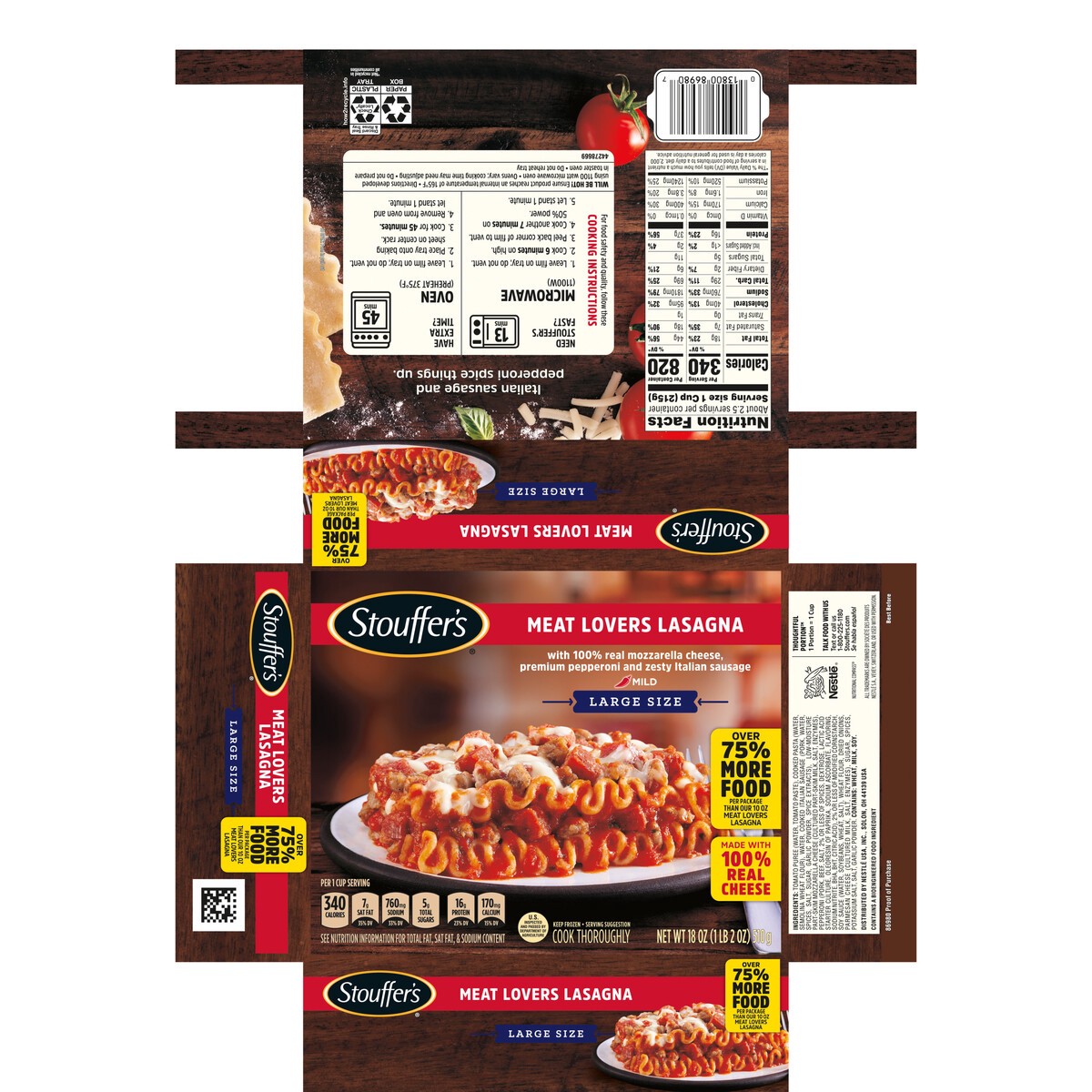slide 4 of 13, Stouffer's Large Size Meat Lovers Lasagna Frozen Meal, 18 oz