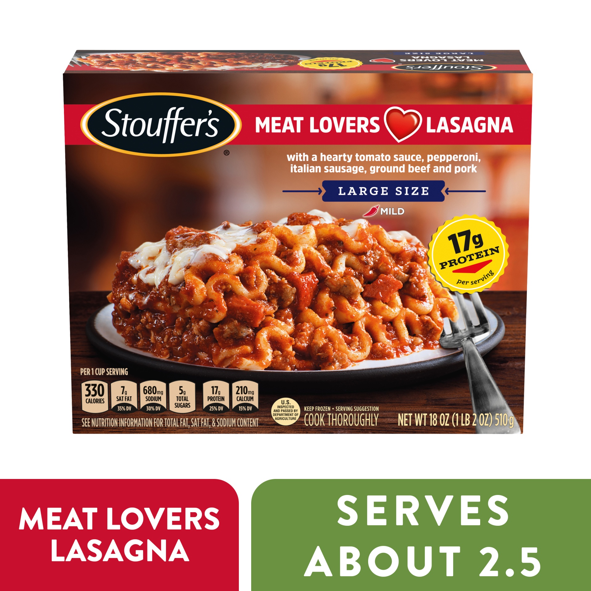 slide 1 of 13, Stouffer's Large Size Meat Lovers Lasagna, 18 oz