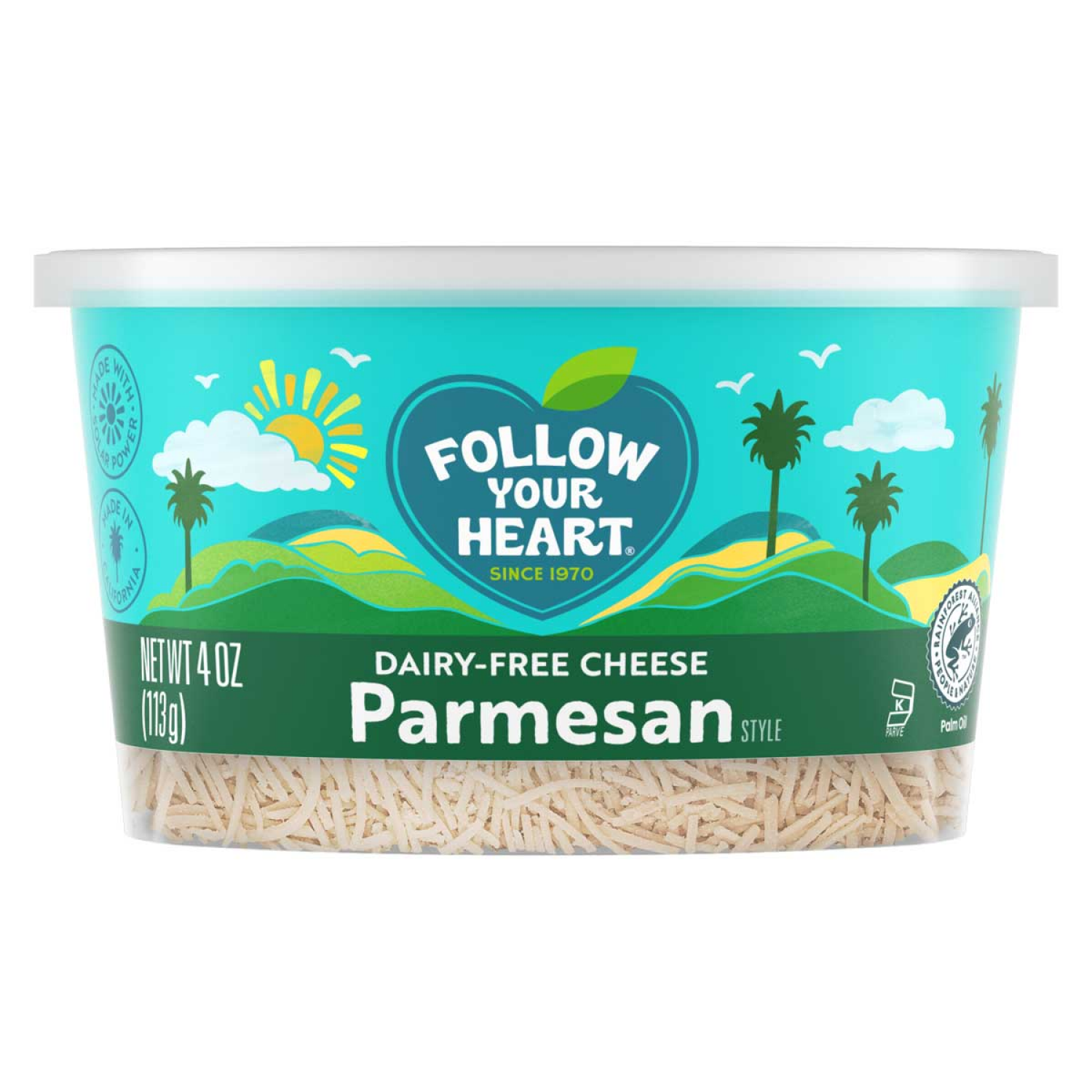 slide 1 of 2, Follow Your Heart Dairy Free Vegan Parmesan Style Shredded Cheese, 4 OZ Tub, 4 oz