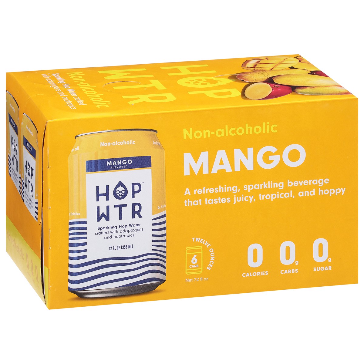 slide 3 of 9, Hop Wtr Non-Alcoholic Mango Flavored Sparkling Hop Water 6 - 12 oz Cans, 6 ct; 12 fl oz