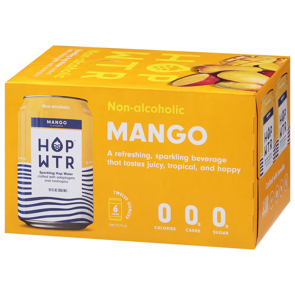 slide 9 of 9, Hop Wtr Non-Alcoholic Mango Flavored Sparkling Hop Water 6 - 12 oz Cans, 6 ct; 12 fl oz