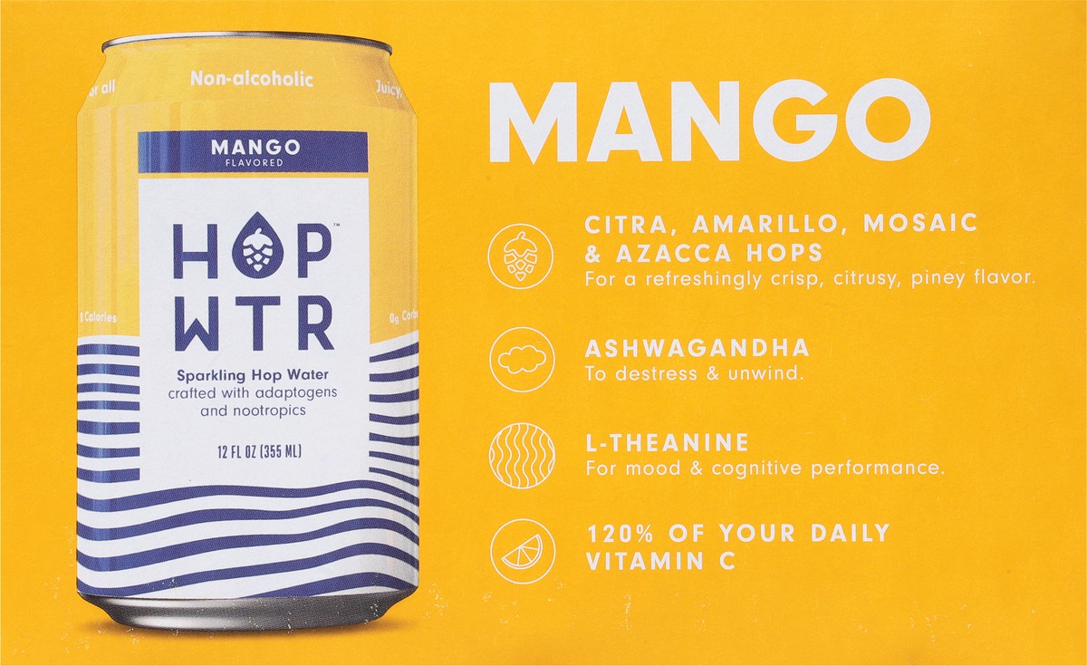 slide 6 of 9, Hop Wtr Non-Alcoholic Mango Flavored Sparkling Hop Water 6 - 12 oz Cans, 6 ct; 12 fl oz