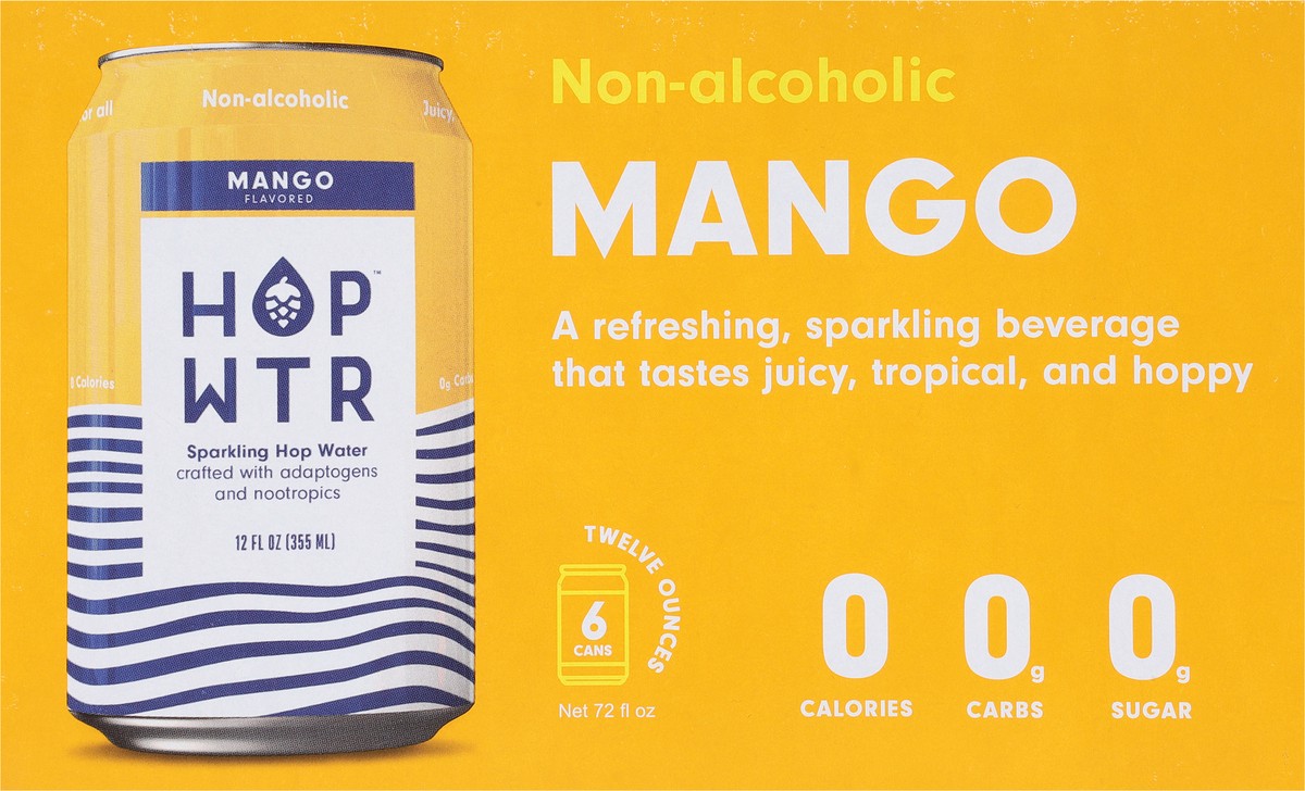 slide 4 of 9, Hop Wtr Non-Alcoholic Mango Flavored Sparkling Hop Water 6 - 12 oz Cans, 6 ct; 12 fl oz