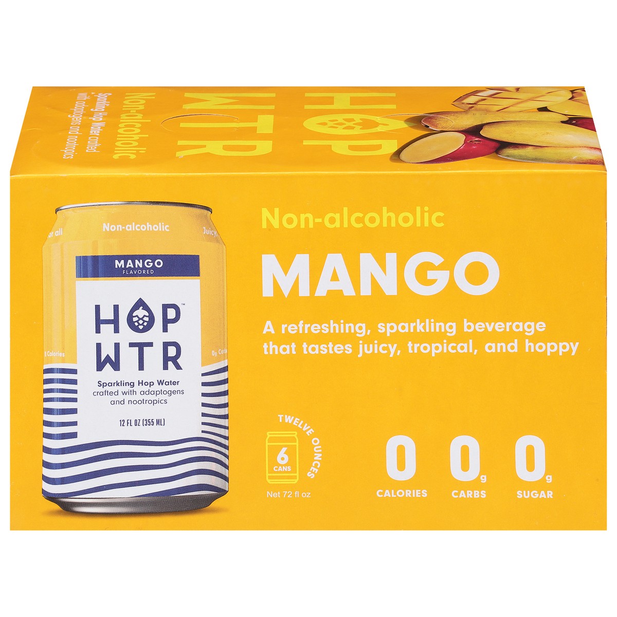 slide 1 of 9, Hop Wtr Non-Alcoholic Mango Flavored Sparkling Hop Water 6 - 12 oz Cans, 6 ct; 12 fl oz