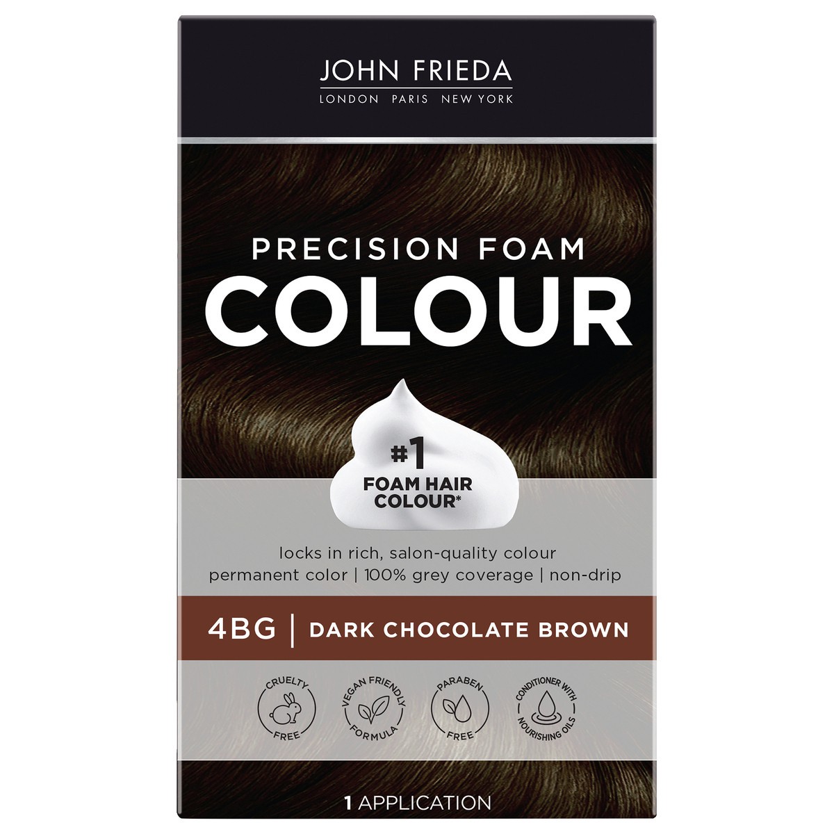 slide 1 of 9, John Frieda Brown Permanent Precision Hair color Foam Hair Color Kit, Brown Hair Dye, 4BG Dark Chocolate Brown Hair Color, 1 Application, 1 ct