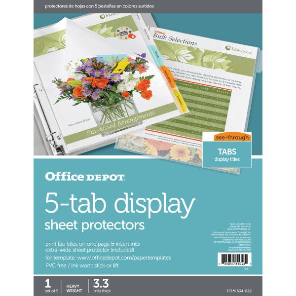 slide 1 of 1, Office Depot Brand Tabbed Sheet Protectors, 5-Tab, Assorted Colors, 1 ct