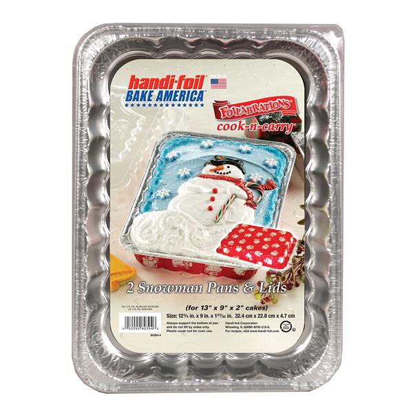 slide 1 of 1, Handi-foil 13x9 Cake Pans with Lids Snowman Pattern, 2 ct