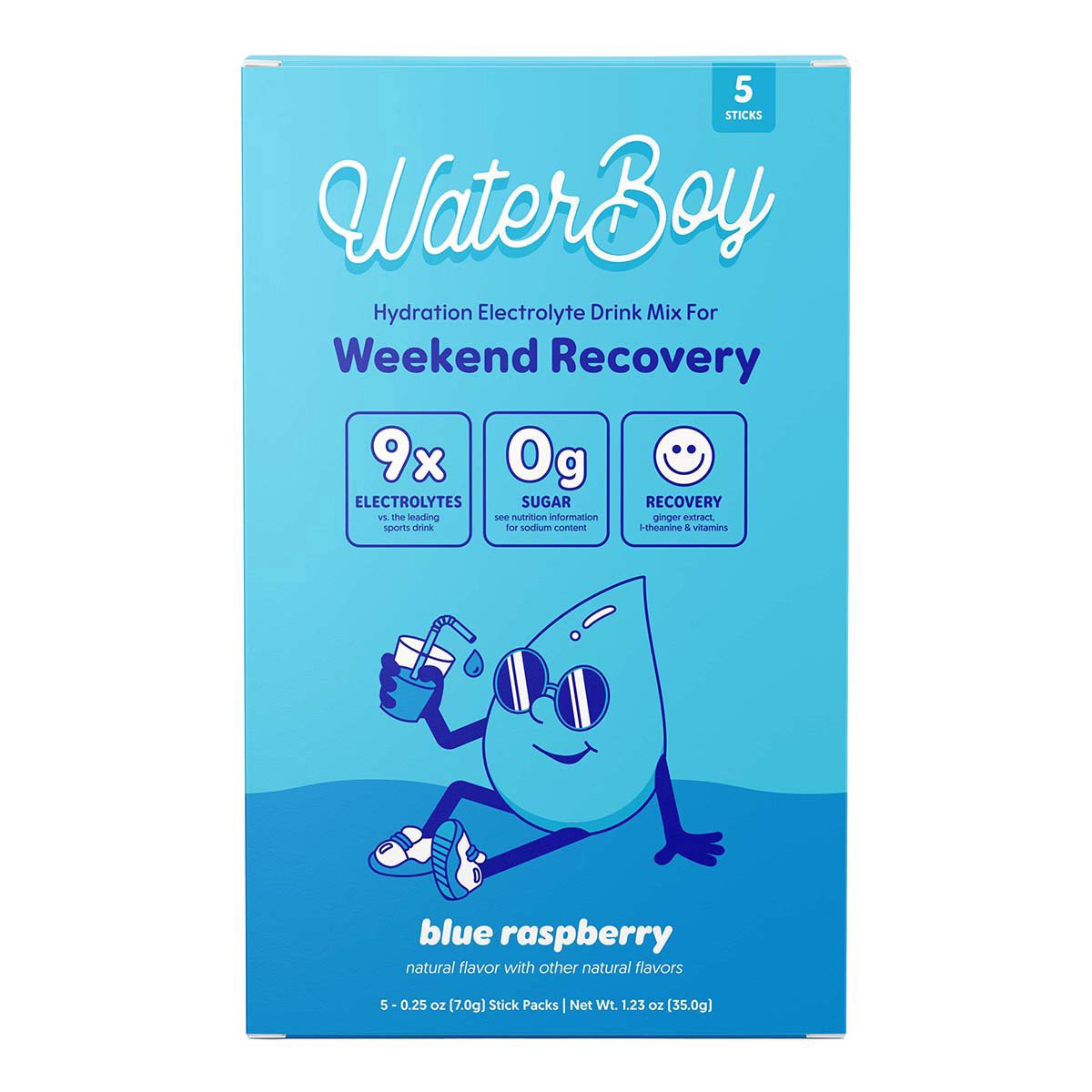 slide 1 of 1, Water Boy Weekend Recovery Hydration Blue Raspberry Electrolyte Drink Mix 5 - 0.25 oz Stick Packs, 5 ct