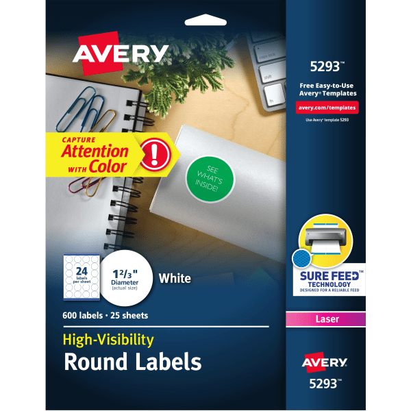 slide 1 of 6, Avery 1-2/3in Dia High-Visibility Round Laser Labels- White (600 Per Pack), 600 ct; 1 2/3 in