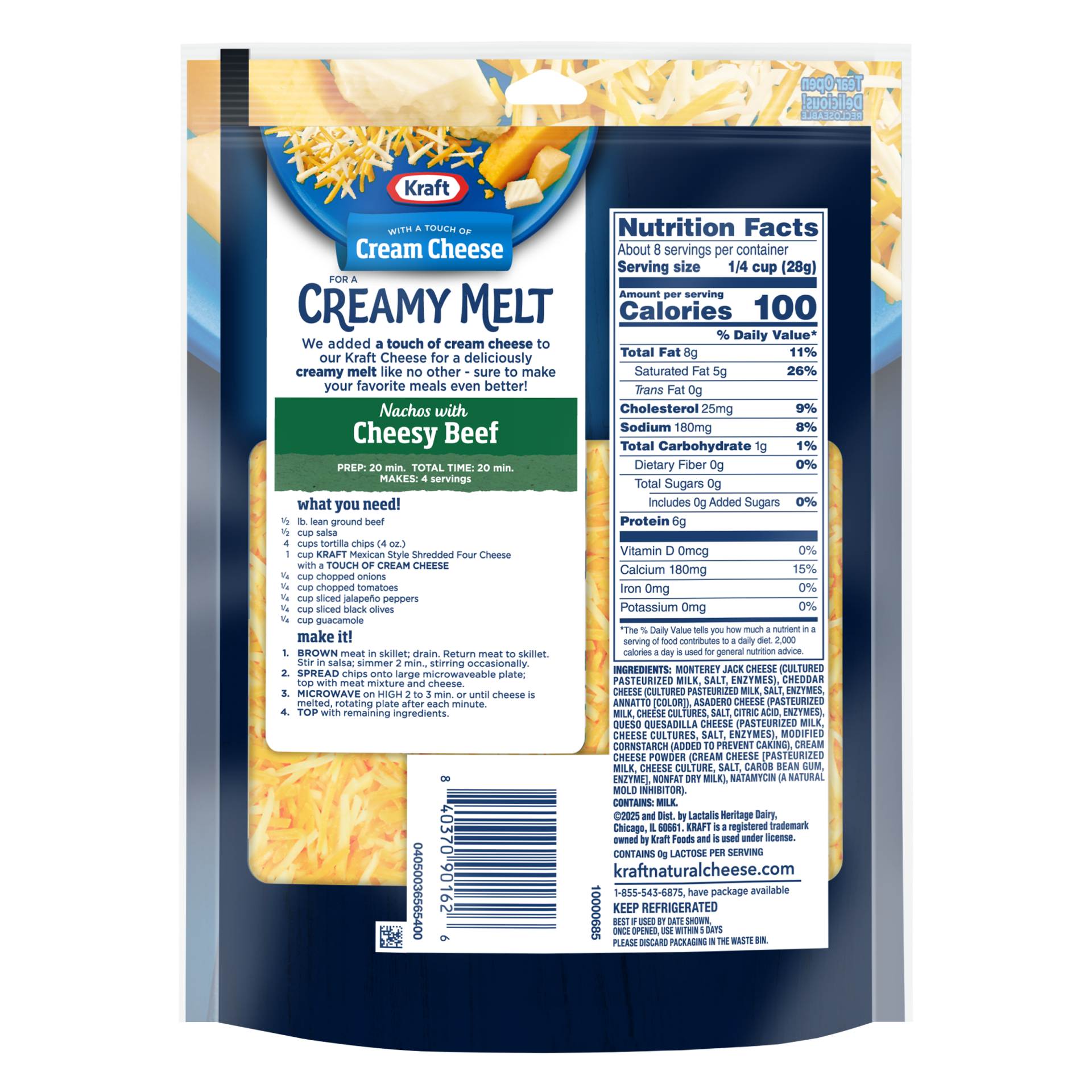 slide 2 of 3, Kraft Mexican Style Four Cheese Shredded Cheese With A Touch Of Cream Cheese for a Creamy Melt, 8 oz Bag, 8 oz