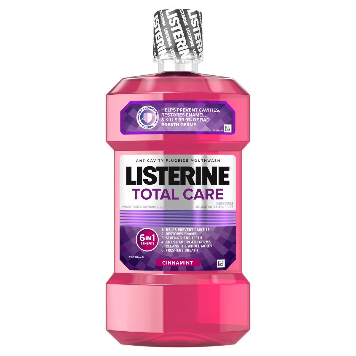 slide 5 of 9, Listerine Total Care Anticavity Mouthwash, 6 Benefit Fluoride Mouthwash for Bad Breath and Enamel Strength, Cinnamon and Mint Flavor, 1 L, 1 liter