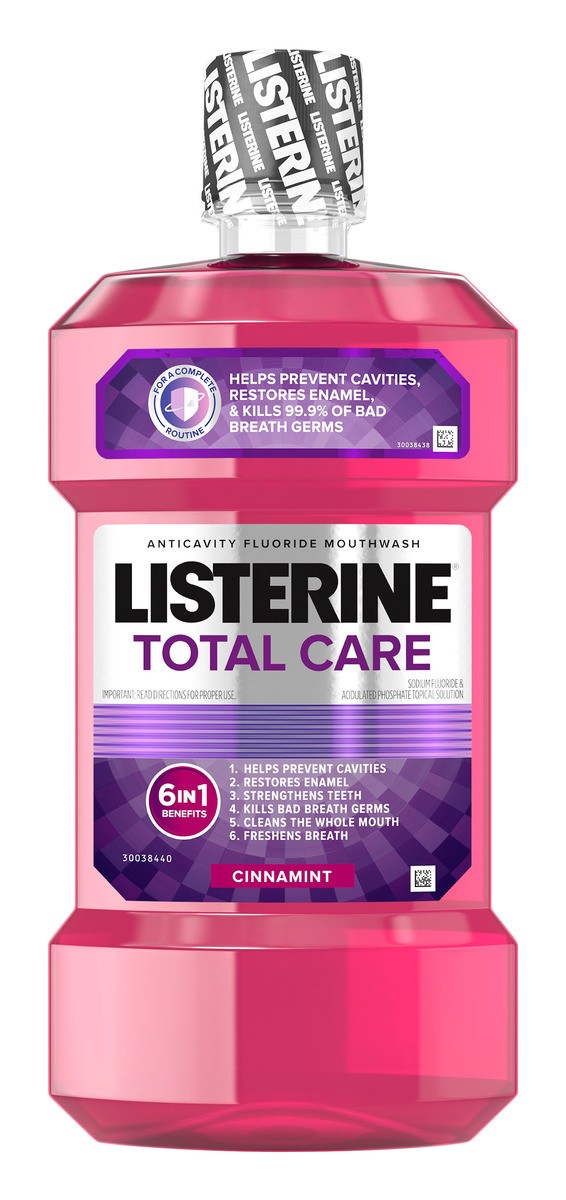 slide 1 of 9, Listerine Total Care Anticavity Mouthwash, 6 Benefit Fluoride Mouthwash for Bad Breath and Enamel Strength, Cinnamon and Mint Flavor, 1 L, 1 liter