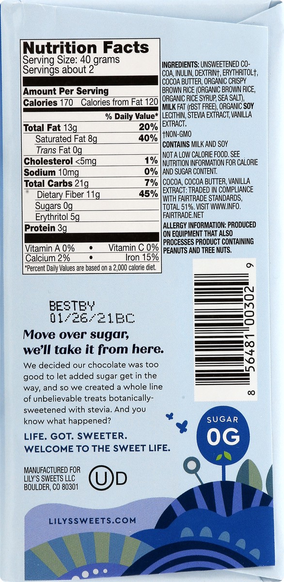 slide 12 of 13, Lily's Crispy Rice Dark Chocolate Style No Sugar Added, Sweets Bar, 3 oz, 3 oz