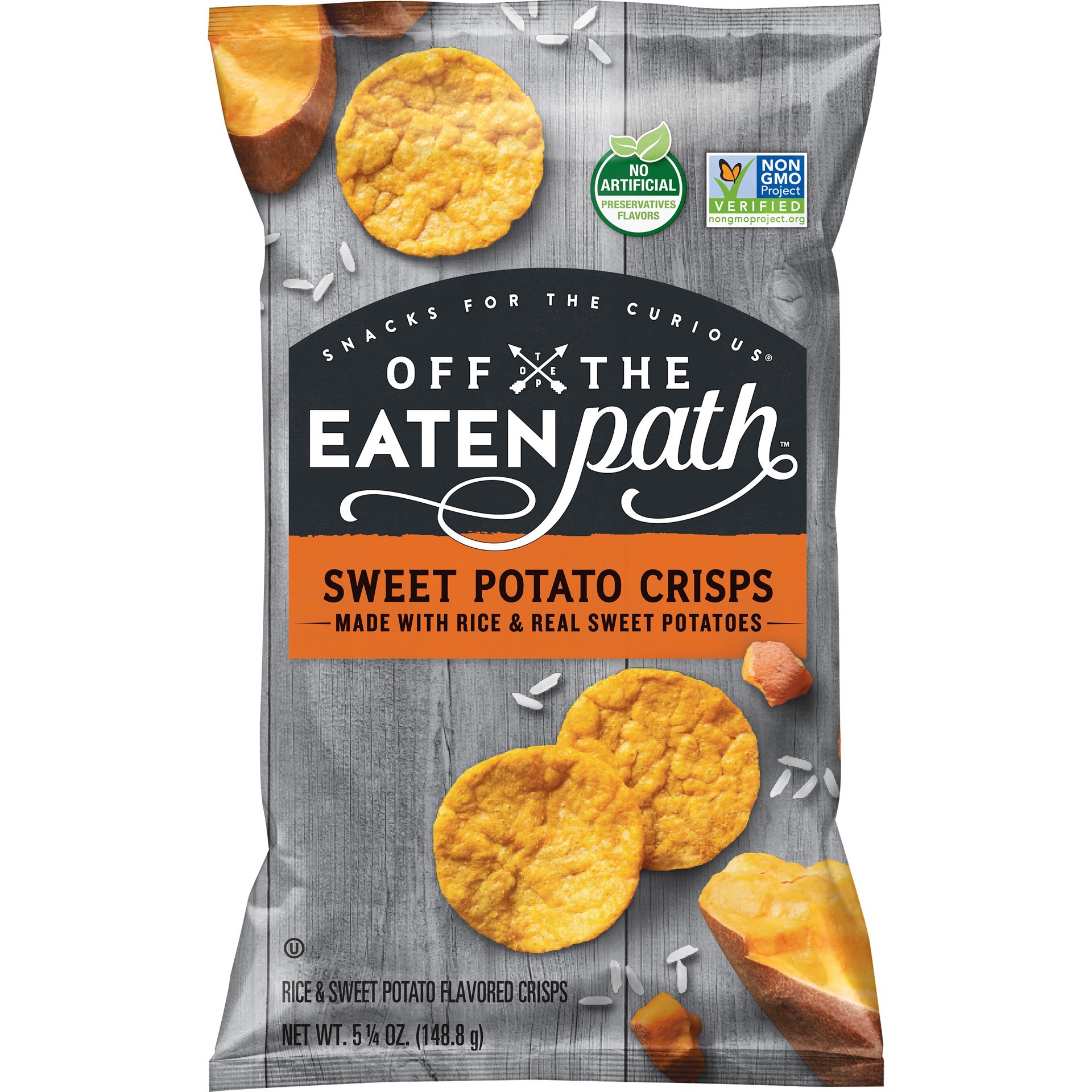 slide 1 of 5, Off the Eaten Path Rice & Sweet Potato Flavored Crisps Sweet Potato Crisps 5 1/4 Oz, 5.25 oz