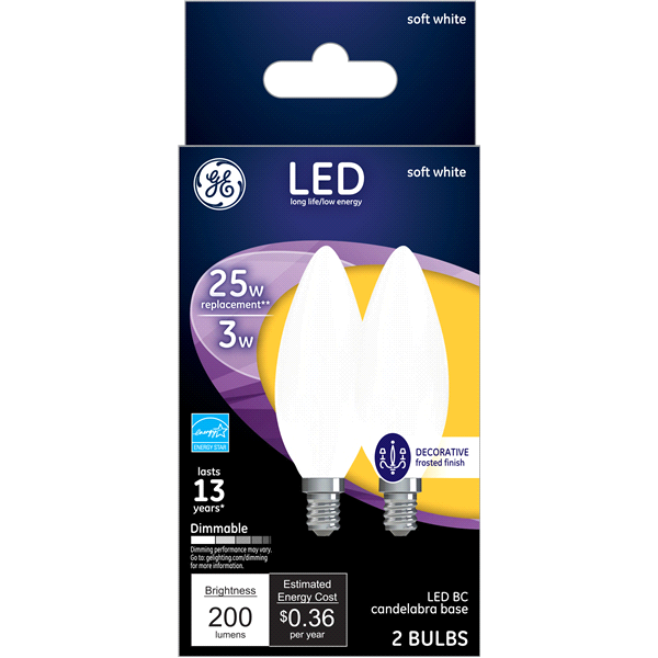 slide 1 of 1, GE All-Glass 25W Replacement LED BC Light Bulb Frosted Soft White, 2 ct