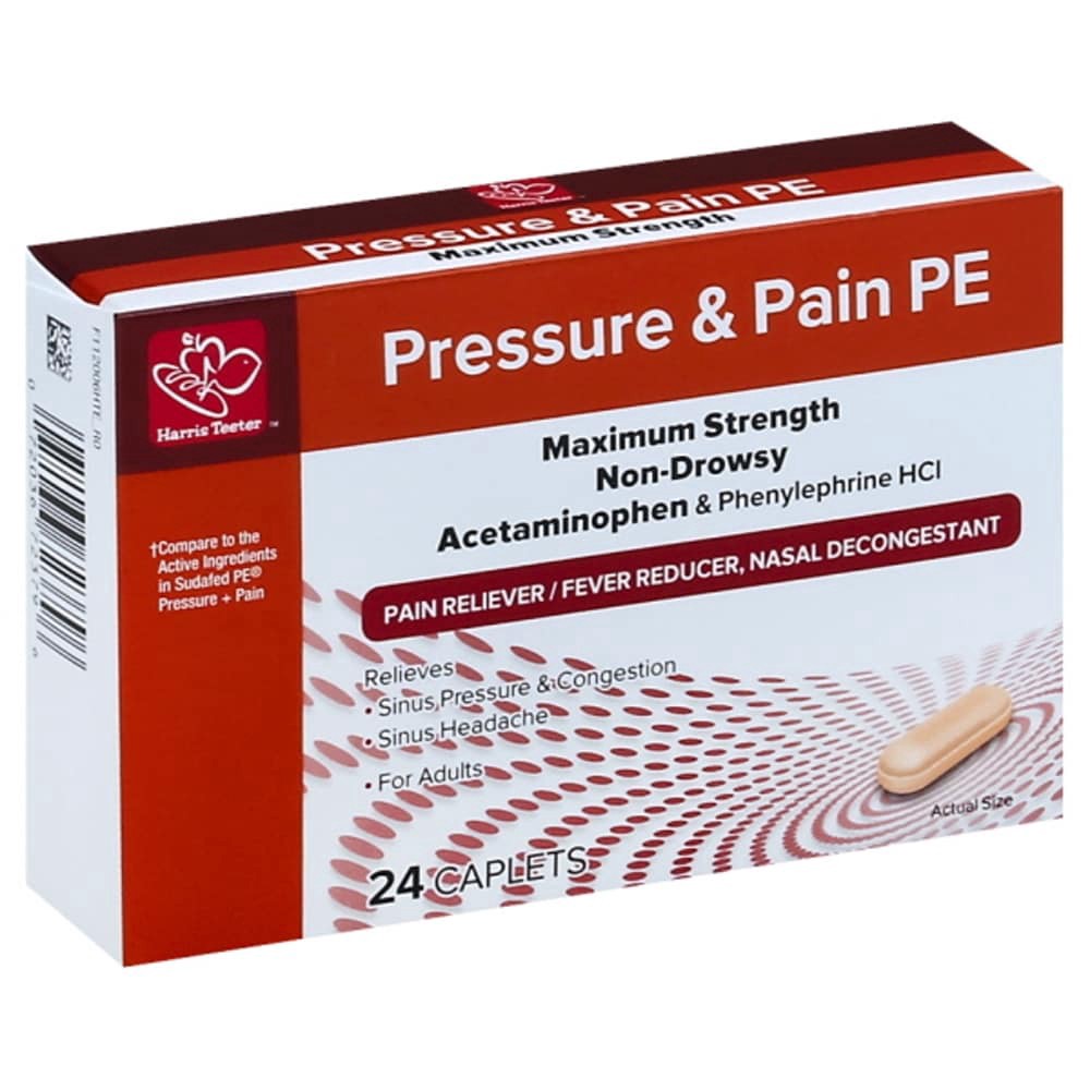 slide 3 of 3, Harris Teeter™ Pressure & Pain PE Maximum Strength Pain Reliever/Fever Reducer & Nasal Decongestant, 24 ct