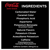 slide 12 of 13, Coca-Cola Coke Zero Sugar Diet Soda Soft Drink, 12 fl oz, 24 Pack, 24 ct; 12 oz