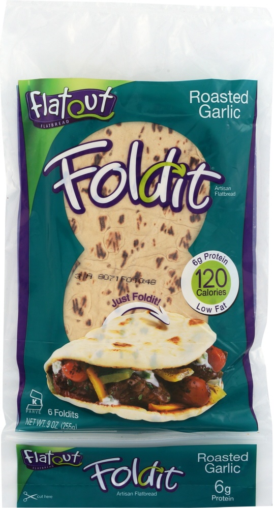 slide 1 of 5, Flatout Flatbread Foldit Artisan Flatbread Roasted Garlic, 6 ct