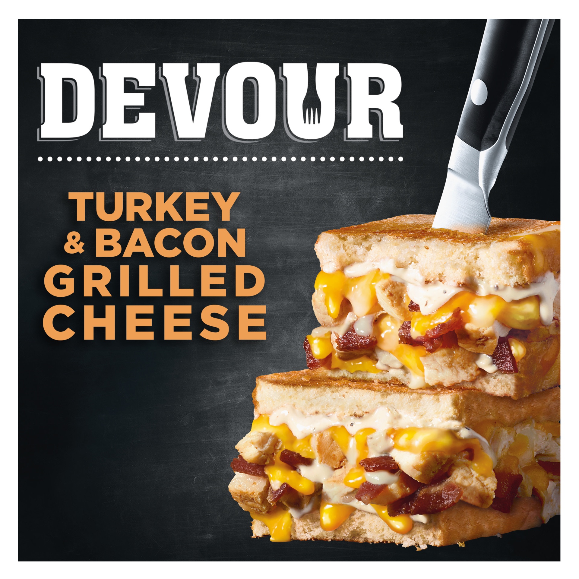 slide 1 of 1, DEVOUR Turkey & Smoked Bacon with Ranch Grilled Cheese Frozen Meal, 7.2 oz