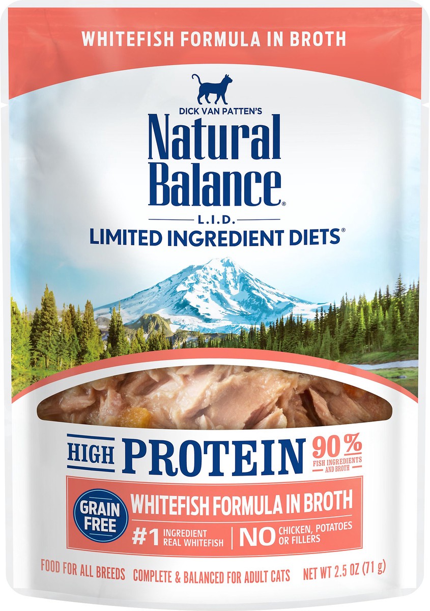 slide 5 of 7, Natural Balance L.I.D. Limited Ingredient Diets High Protein Whitefish Formula in Broth Wet Cat Food, 2.5-Ounce, 1 ct