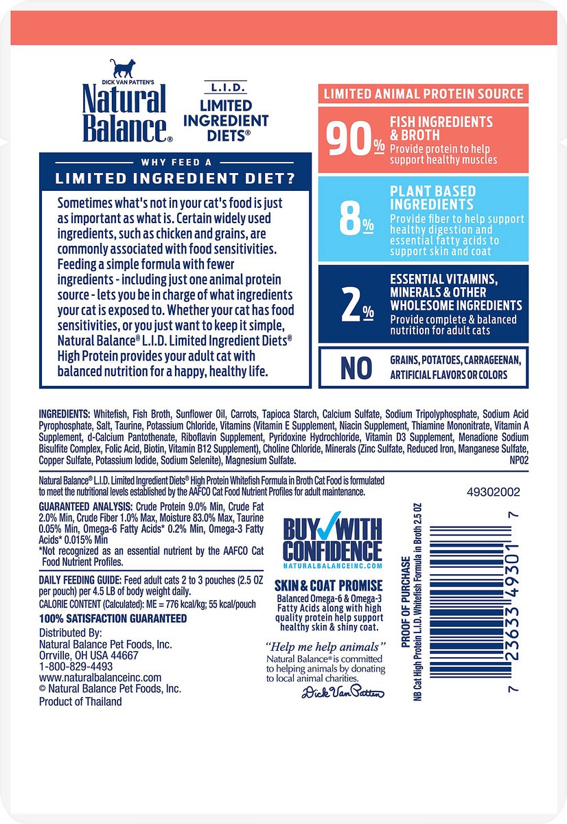 slide 7 of 7, Natural Balance L.I.D. Limited Ingredient Diets High Protein Whitefish Formula in Broth Wet Cat Food, 2.5-Ounce, 1 ct
