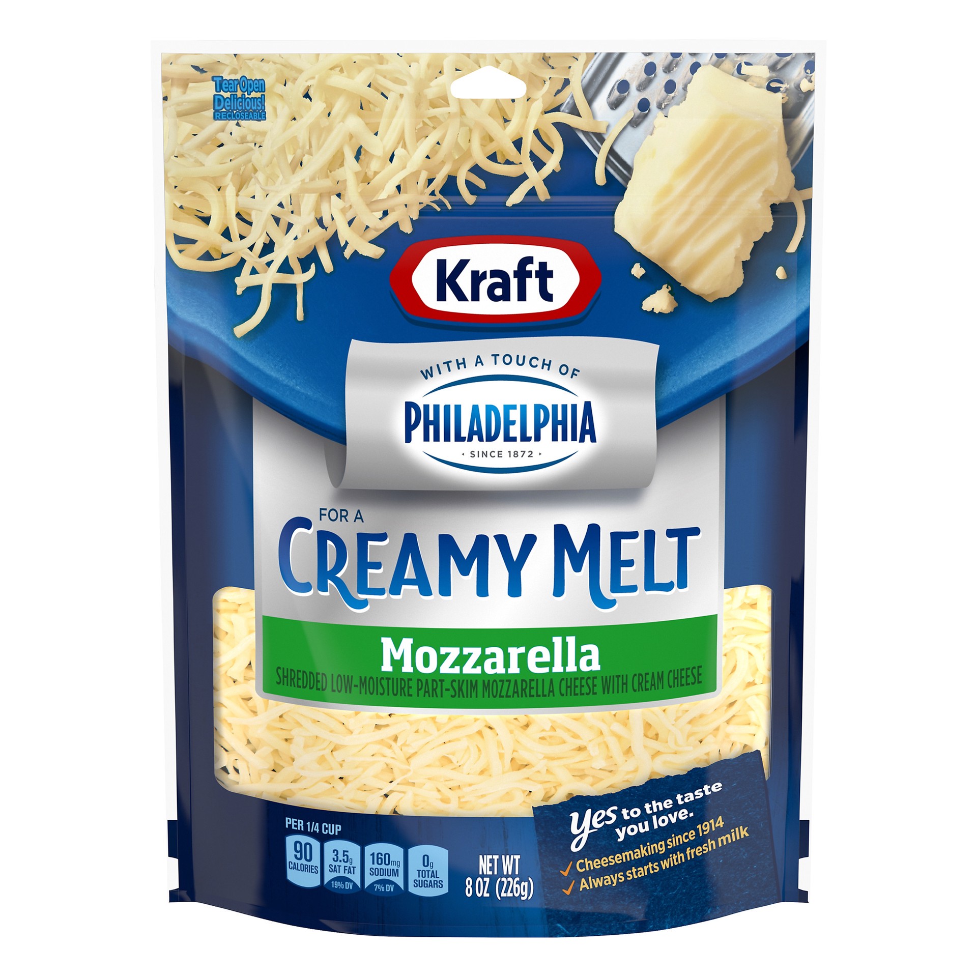 slide 1 of 10, Kraft Mozzarella Shredded Cheese with a Touch of Philadelphia for a Creamy Melt, 8 oz Bag, 8 oz