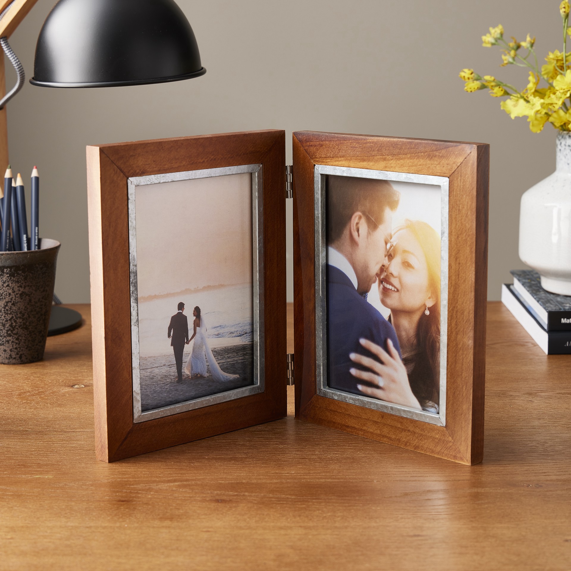 slide 4 of 4, Expressions 2 Opening 5" X 7" Walnut & Silver Hinged Collage Frame By Studio Decor, 5 in x 7 in