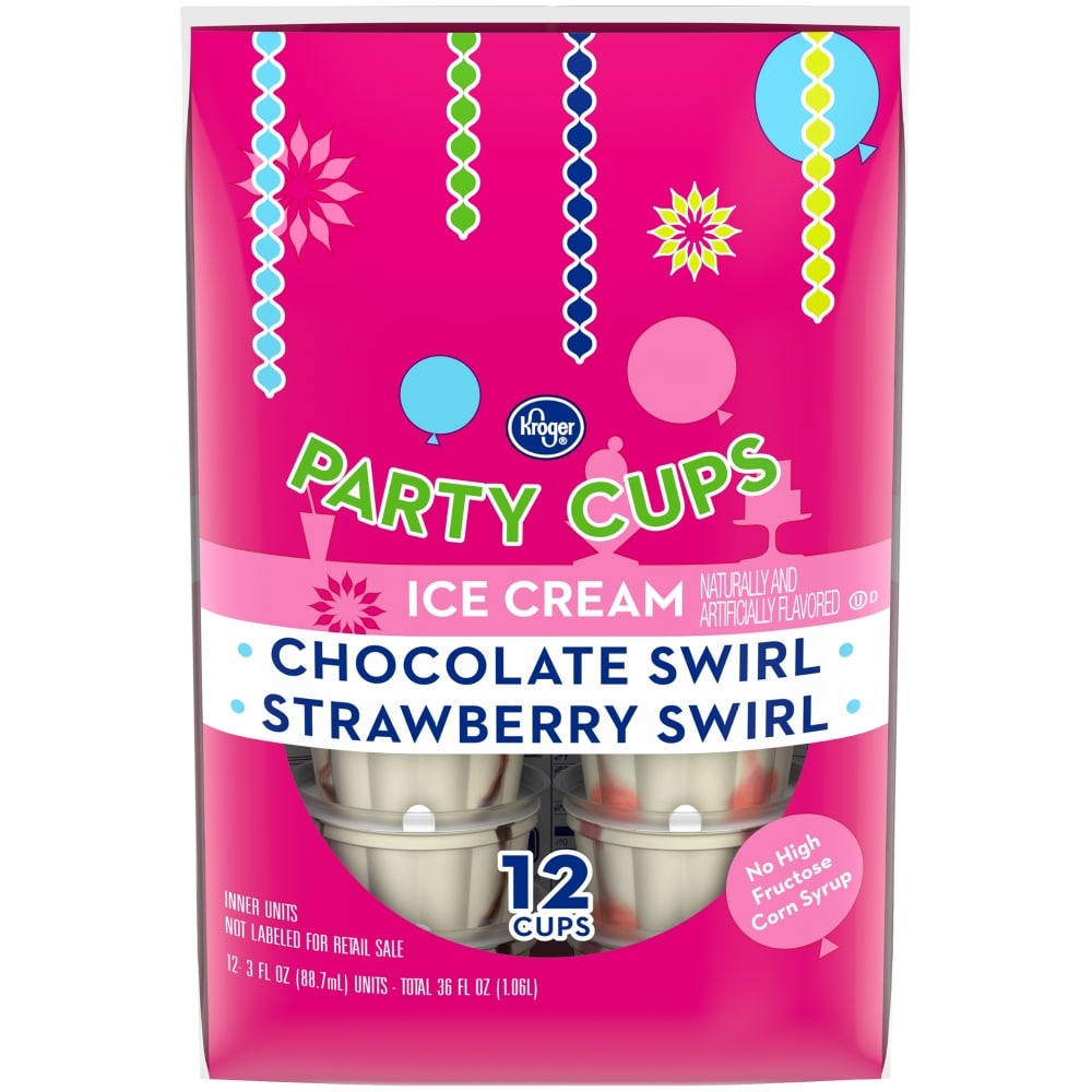 slide 1 of 1, Kroger Party Cups Chocolate Swirl And Strawberry Swirl Ice Cream Cups, 12 ct; 3 fl oz