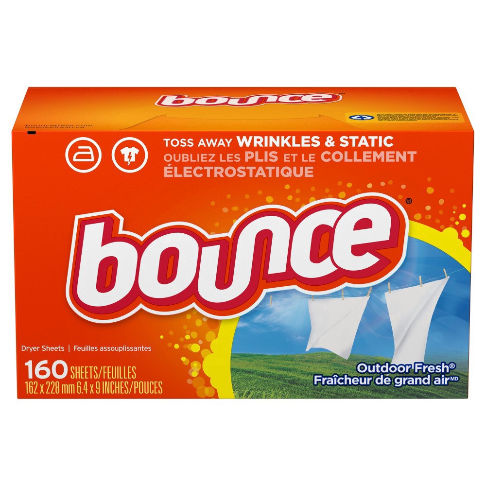 slide 9 of 15, Bounce Dryer Sheets, 160 count, Outdoor Fresh Scent, Fabric Softener Sheets, Reduces Static, Softens and Fights Wrinkles, 160 ct