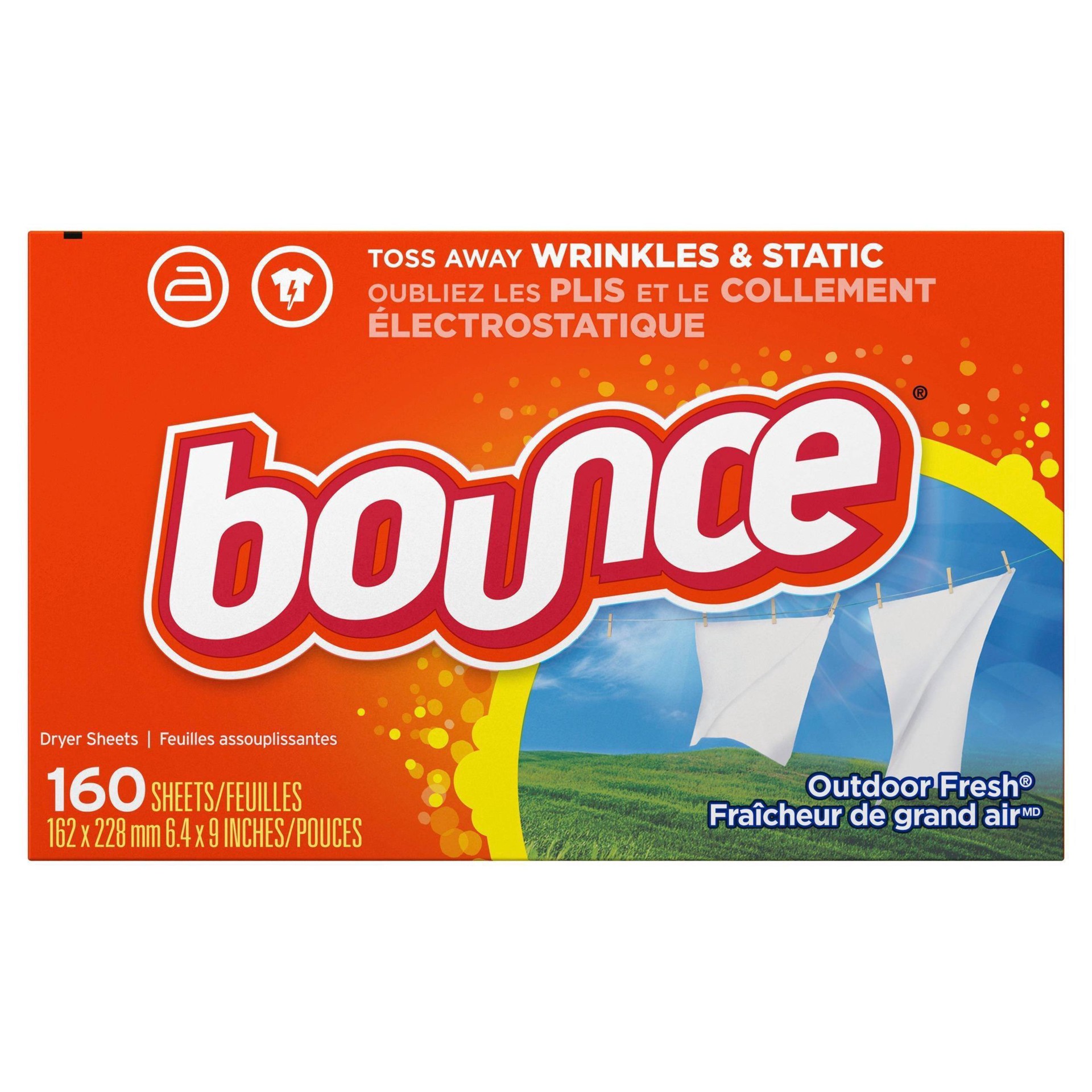 slide 6 of 15, Bounce Dryer Sheets, 160 count, Outdoor Fresh Scent, Fabric Softener Sheets, Reduces Static, Softens and Fights Wrinkles, 160 ct
