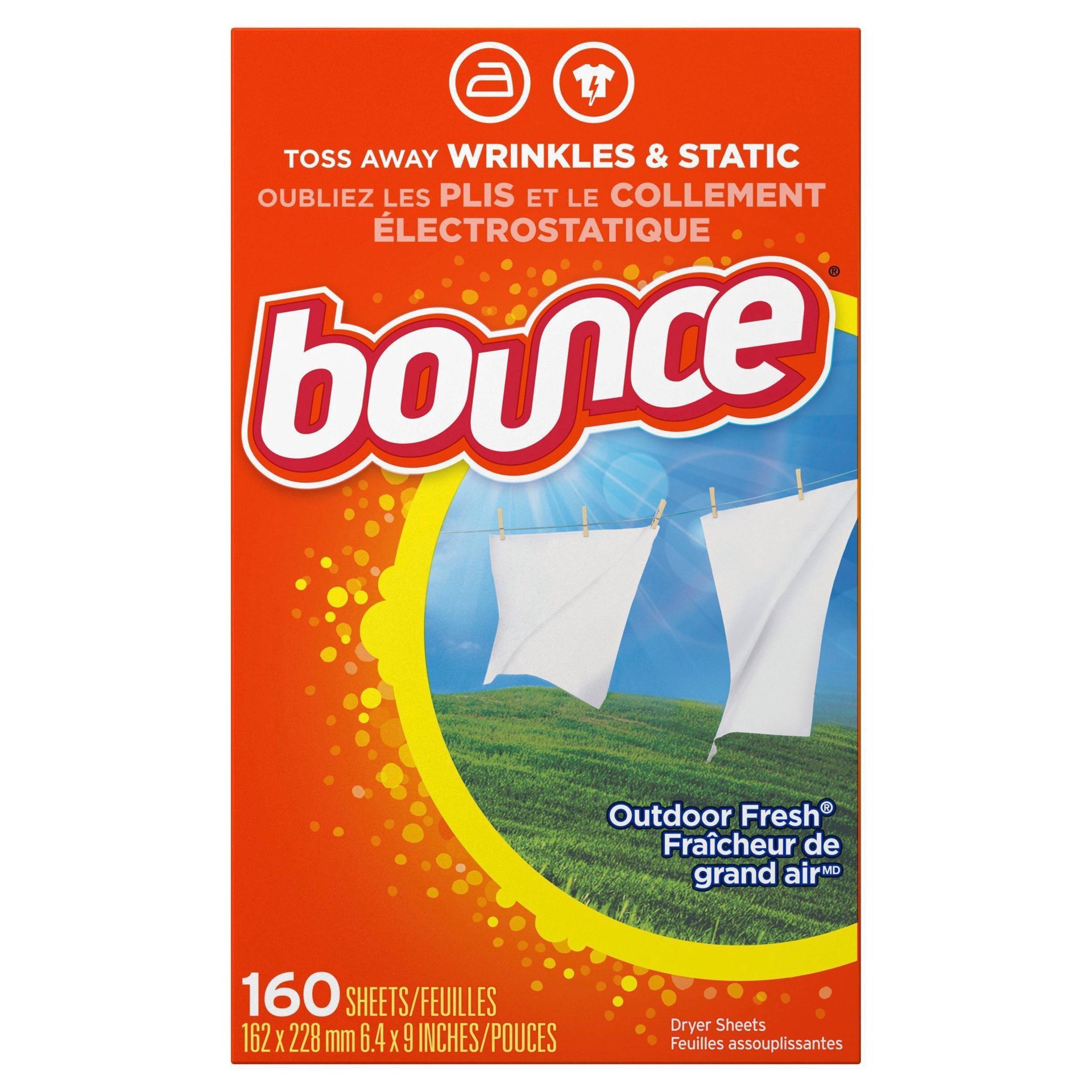 slide 12 of 15, Bounce Dryer Sheets, 160 count, Outdoor Fresh Scent, Fabric Softener Sheets, Reduces Static, Softens and Fights Wrinkles, 160 ct