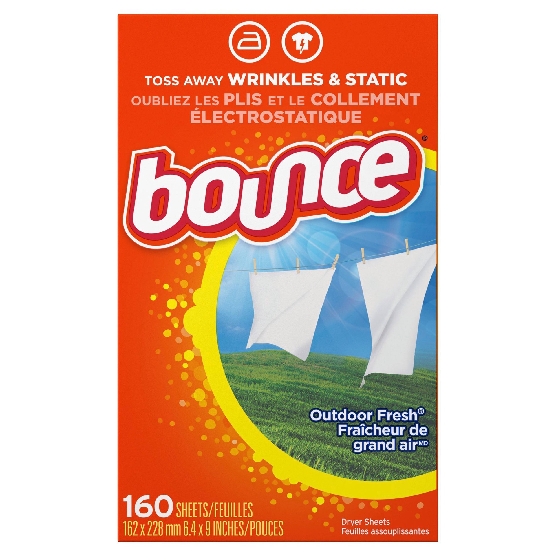 slide 2 of 15, Bounce Dryer Sheets, 160 count, Outdoor Fresh Scent, Fabric Softener Sheets, Reduces Static, Softens and Fights Wrinkles, 160 ct