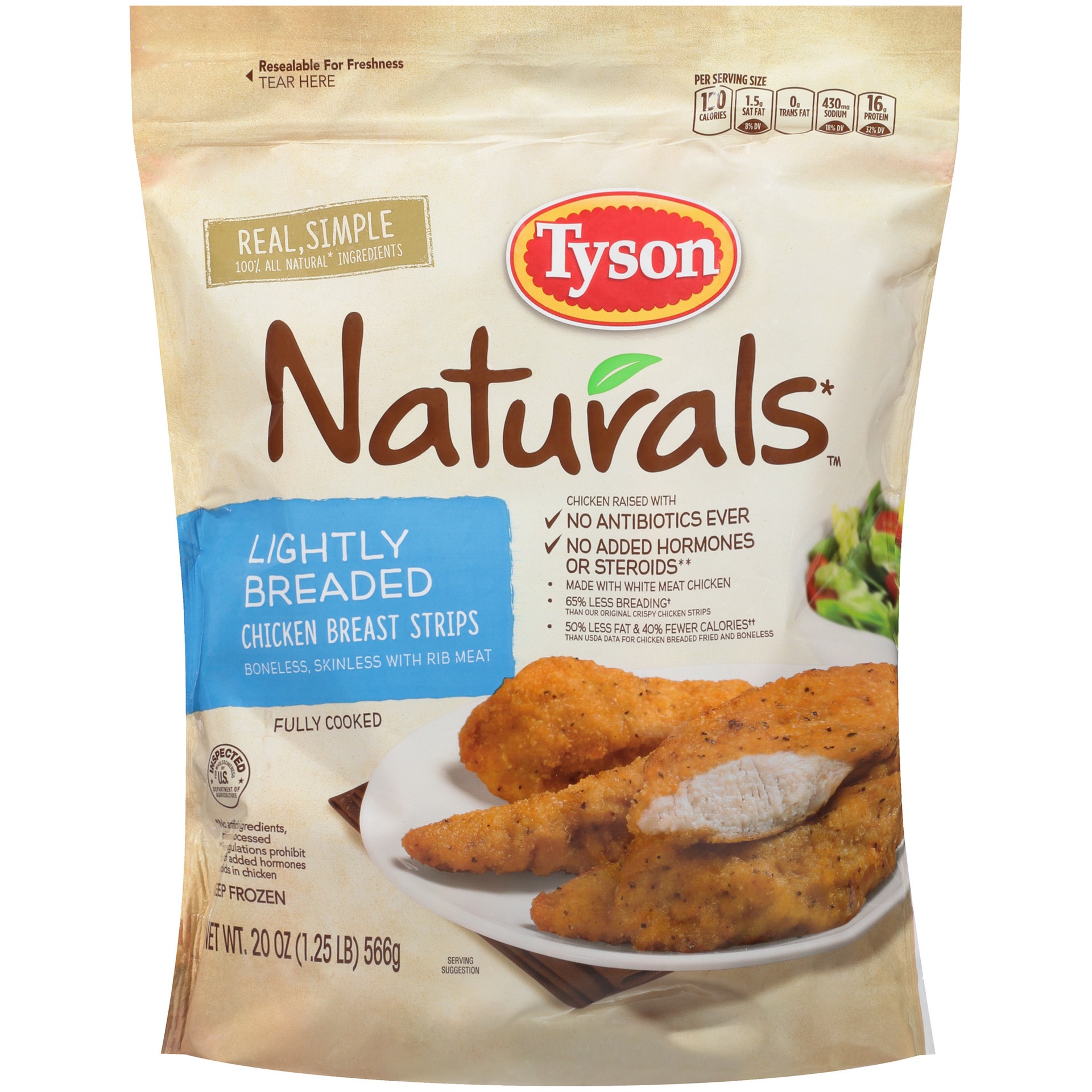 slide 1 of 5, Tyson Naturals Lightly Breaded Chicken Strips, 20 oz. (Frozen), 566.99 g