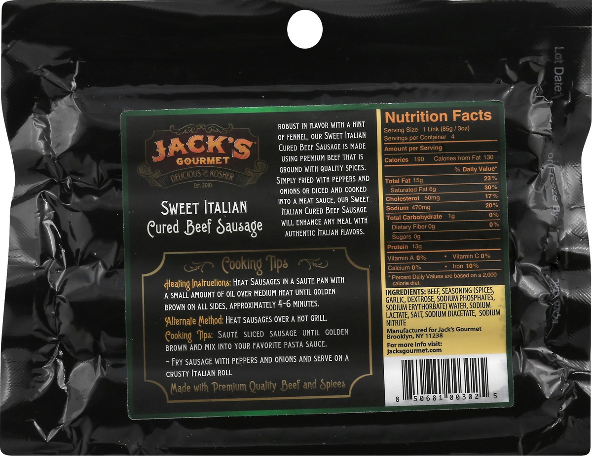 slide 8 of 8, Jack's Gourmet Kosher Sweet Italian Cured Beef Sausage, 4 ct; 12 oz