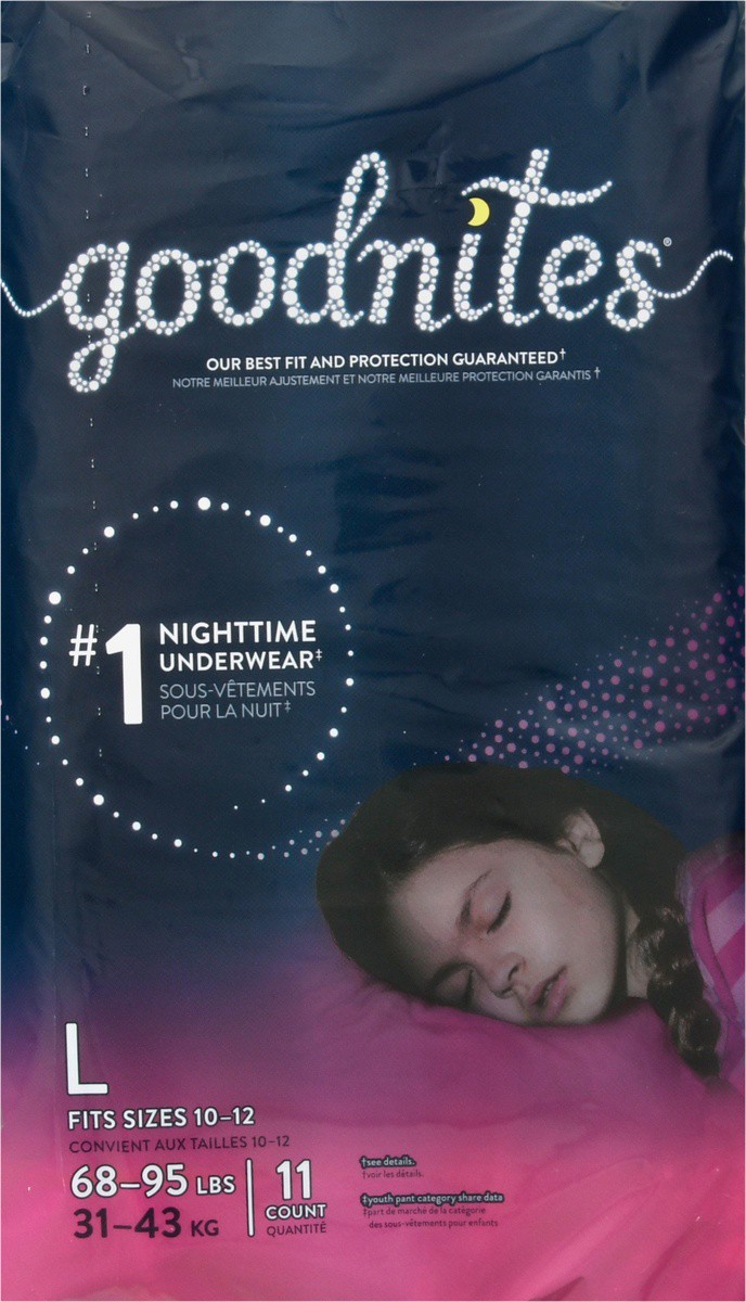slide 9 of 9, Goodnites Girls' Nighttime Bedwetting Underwear, Size Large (68-95 lbs), 11 Ct, 11 ct